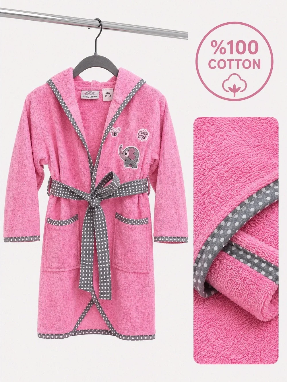 Baby Pink Bathrobe 100% Cotton Hooded Elephant Soft Robe 0-3 Months